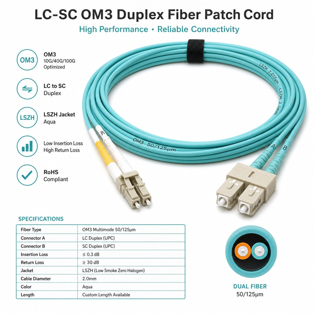 LC-SC OM3 Duplex Fiber Patch Cord | 50/125μm Multimode Fiber Cable