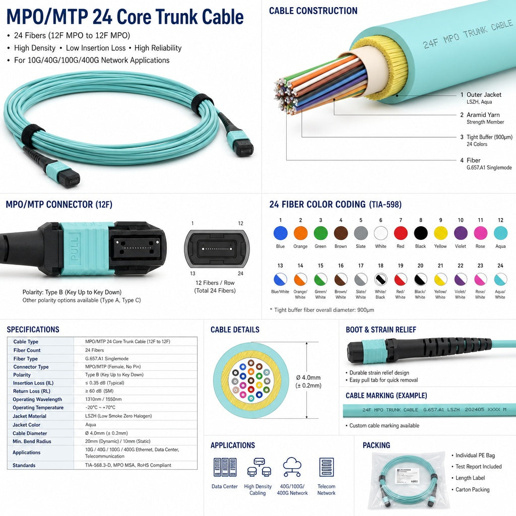 MPO/MTP 24 Core Trunk Cable | Ultra High Density Data Center Fiber Cable