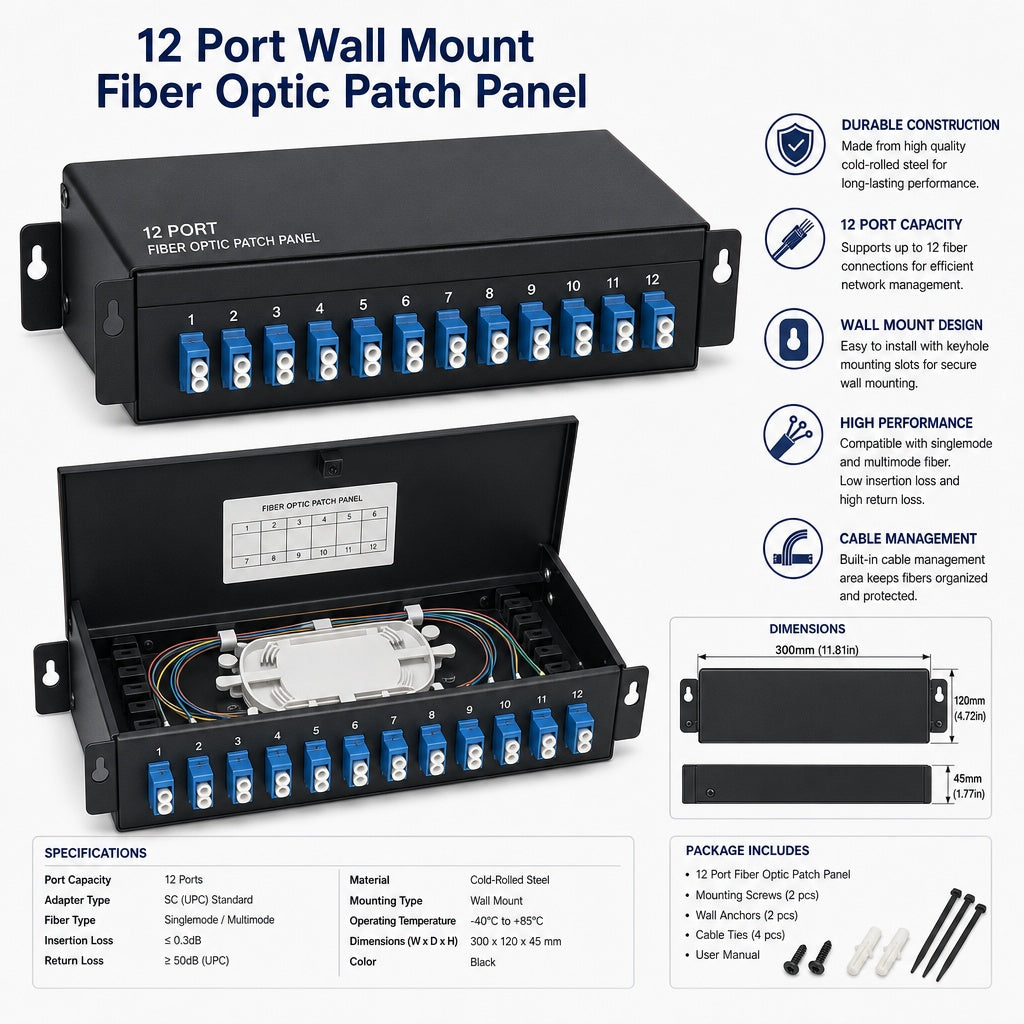 12 Port Wall Mount Fiber Optic Patch Panel